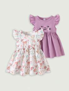 SHEIN 2pcs/Set Baby Girls' Summer Dress, Purple Sleeveless Cotton Dress With Cute Cat Face & Forest Animal Prints - Purple - View 1