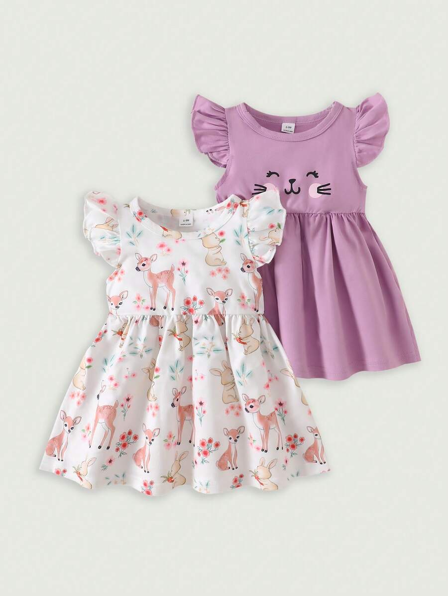 SHEIN 2pcs/Set Baby Girls' Summer Dress, Purple Sleeveless Cotton Dress With Cute Cat Face & Forest Animal Prints - Purple - View 1