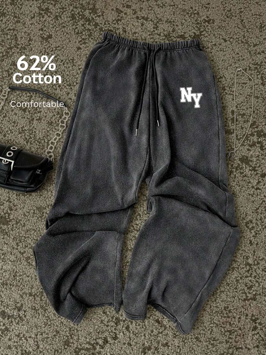 SHEIN EZwear 女士休闲纽约字母印花低腰直筒运动裤,适合夏季穿着,复古水洗宽松阔腿裤,抽绳棉质黑色长裤,适合外出、秋冬季穿着,女士运动服 - 黑色 - 查看 1