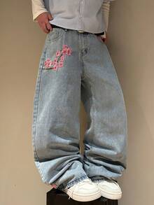 Manfinity Roghcode Casual Chic Peach Blossom Embroidery Design Loose Wide-Leg Jeans - Blue - View 4
