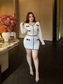 Vibekara Bộ đồ hai mảnh kiểu Pháp cỡ lớn, tay dài, chất liệu jacquard phối màu, thắt nơ, dành cho nữ, trang phục thời trang cho mùa thu/đông. - trắng - Xem 7