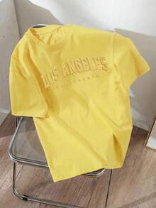 SHEIN EZwear 宽松休闲极简主义英文文字压纹图案圆领短袖T恤，黄色 - 黃色 - 查看 2