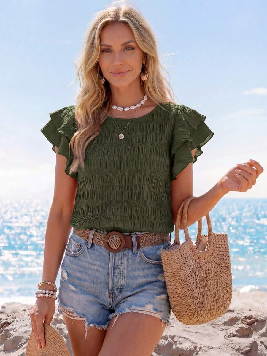 Sylviya Blusa De Manga Acampanada Con Cuello Redondo Para Mujer - Verde militar - Ver 1