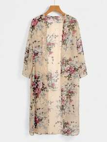 EMERY ROSE Chaqueta larga regular de mujer con estampado de flores para uso casual en otoño/invierno - Albaricoque - Ver 7