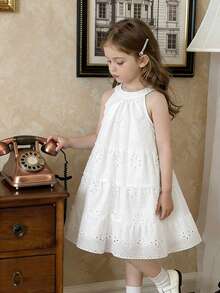 1pc Girls Elegant Sleeveless Hollow-Out Jacquard Fabric Dress, Suitable For Daily, Party And Holiday Wear, Summer - White - View 3