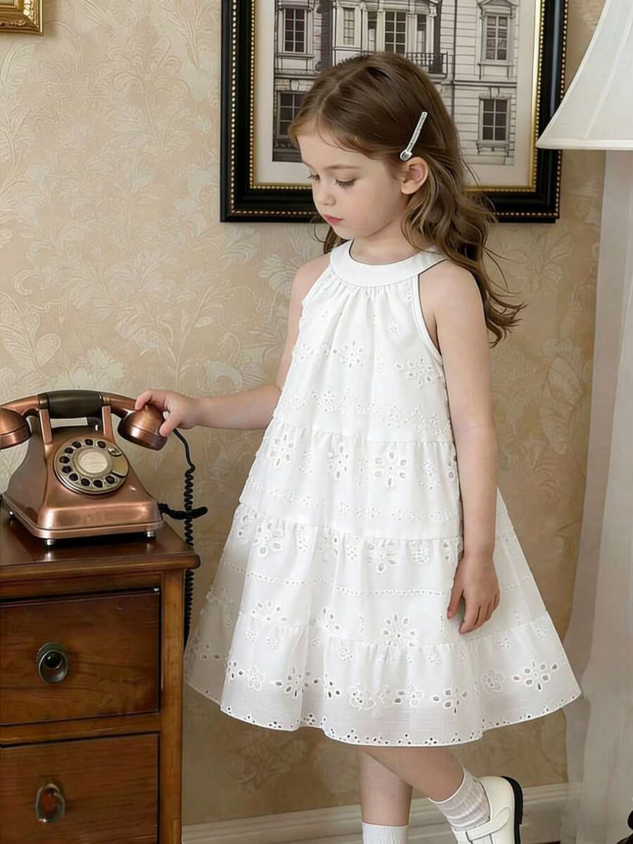 1件女童优雅无袖镂空提花连衣裙，适合日常、派对和度假穿着，夏季 - 白色 - 查看 1