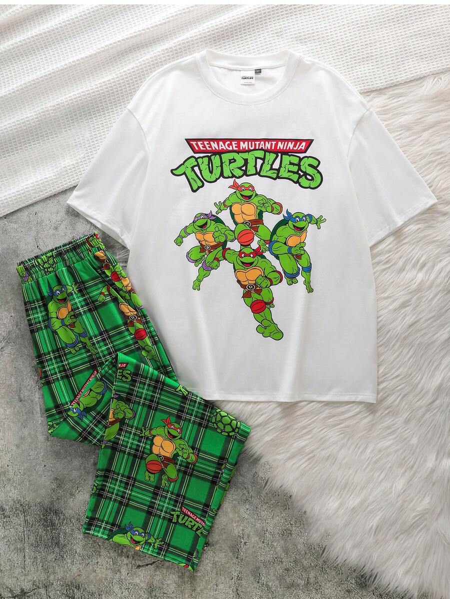 TEENAGE MUTANT NINJA TURTLES | SHEIN Bộ đồ mặc nhà thoải mái dành cho nam, gồm áo và quần ngắn tay cổ tròn in chữ và hoạt hình. - trắng - Xem 1