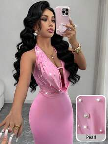 Modelyn Faux Pearl Decor Halter Neck Ruffle Back Tie Dress, Pink - Purple - View 2