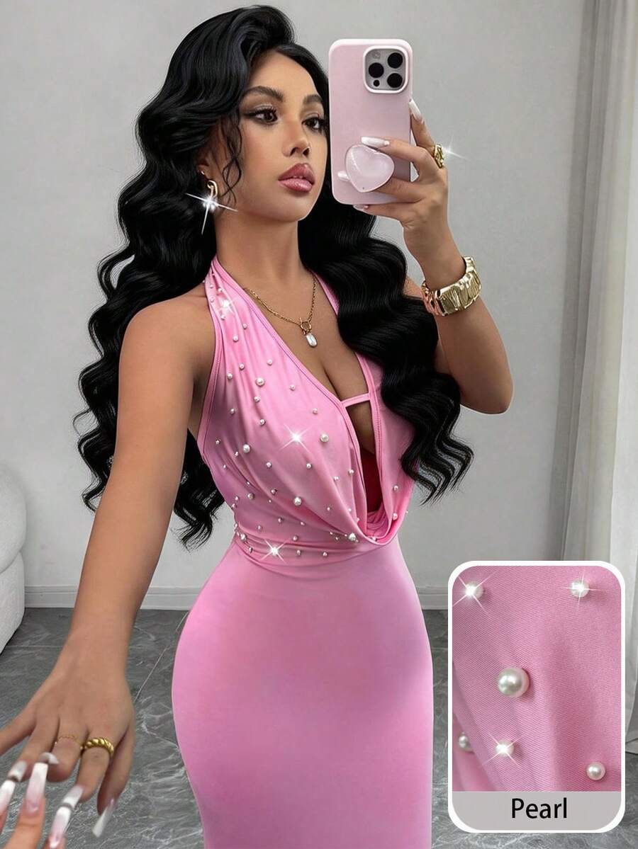 Modelyn Faux Pearl Decor Halter Neck Ruffle Back Tie Dress, Pink