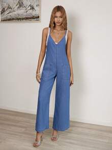 Sunnyshic Casual Vacation Denim Jumpsuit - Blue - View 3