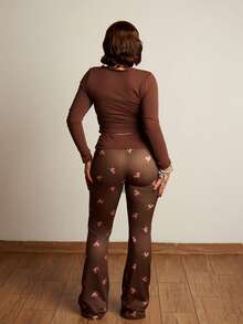 Lupita Cardoza Cute Deer Embroidered Lace Blouse Paired With Deer Print Flare Pants, Autumn/Winter - Brown - View 2