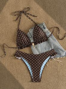 Swim Mod 女士夏季新款波点撞色花卉滚边荷叶边优雅比基尼套装，性感挂脖系带比基尼套装 - 彩色 - 查看 7