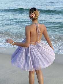 MainGRL Women's Backless Flowy A-Line Deep V-Neck Dress, Vacation, Casual, Date, Daily Wear, Spring/Summer - Green - View 2