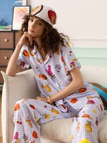 Plaid Fruit & Seafood Print Ruffle Collar Short Sleeve Women Pajama Set, Casual & Leisure - Multicolor - View 4