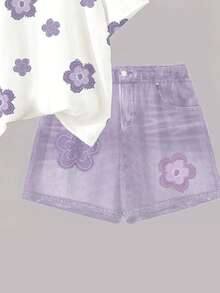 Vintage Cute Floral Pattern, Tween Girl Casual Minimalist Short Sleeve Round Neck T-Shirt And Shorts 2-Piece Set, Suitable For Spring/Summer Daily Wear, Home, School, Spring & Summer Outfits For Outing, Sets For Girls, Stylish Kids, Casual Wear, Kids Floral Graphic Clothes, Spring & Summer Fashion, Spring & Summer Clothes - Multicolor - View 4