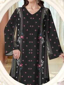 SHEIN Najma 花卉几何印花加大码长款连衣裙，V领长袖优雅阿巴雅式连衣裙，春夏款 - 彩色 - 查看 3