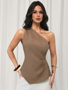 Firerie 女士优雅简约日常通勤衬衫，浅棕色卡其色不对称肩部褶皱不对称下摆修身上衣，度假装、时尚百搭、机场穿搭、复古风格、工作装 - 棕色 - 查看 4