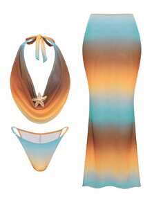 Bonvoyette Bộ bikini hai mảnh cổ yếm in họa tiết ngẫu nhiên, màu ombre dành cho nữ, kèm áo khoác ngoài và váy. - Màu vàng - Xem 5