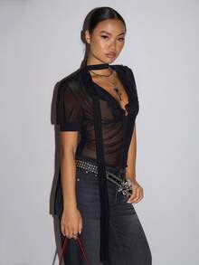 SHEIN ICON Women's Deep V-Neck Mesh Sheer Sexy Blouse, Suitable For Dates And Outings - Black - View 1