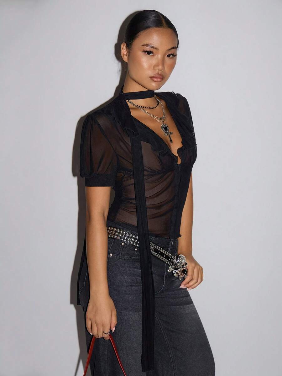 SHEIN ICON Women's Deep V-Neck Mesh Sheer Sexy Blouse, Suitable For Dates And Outings - Black - View 1