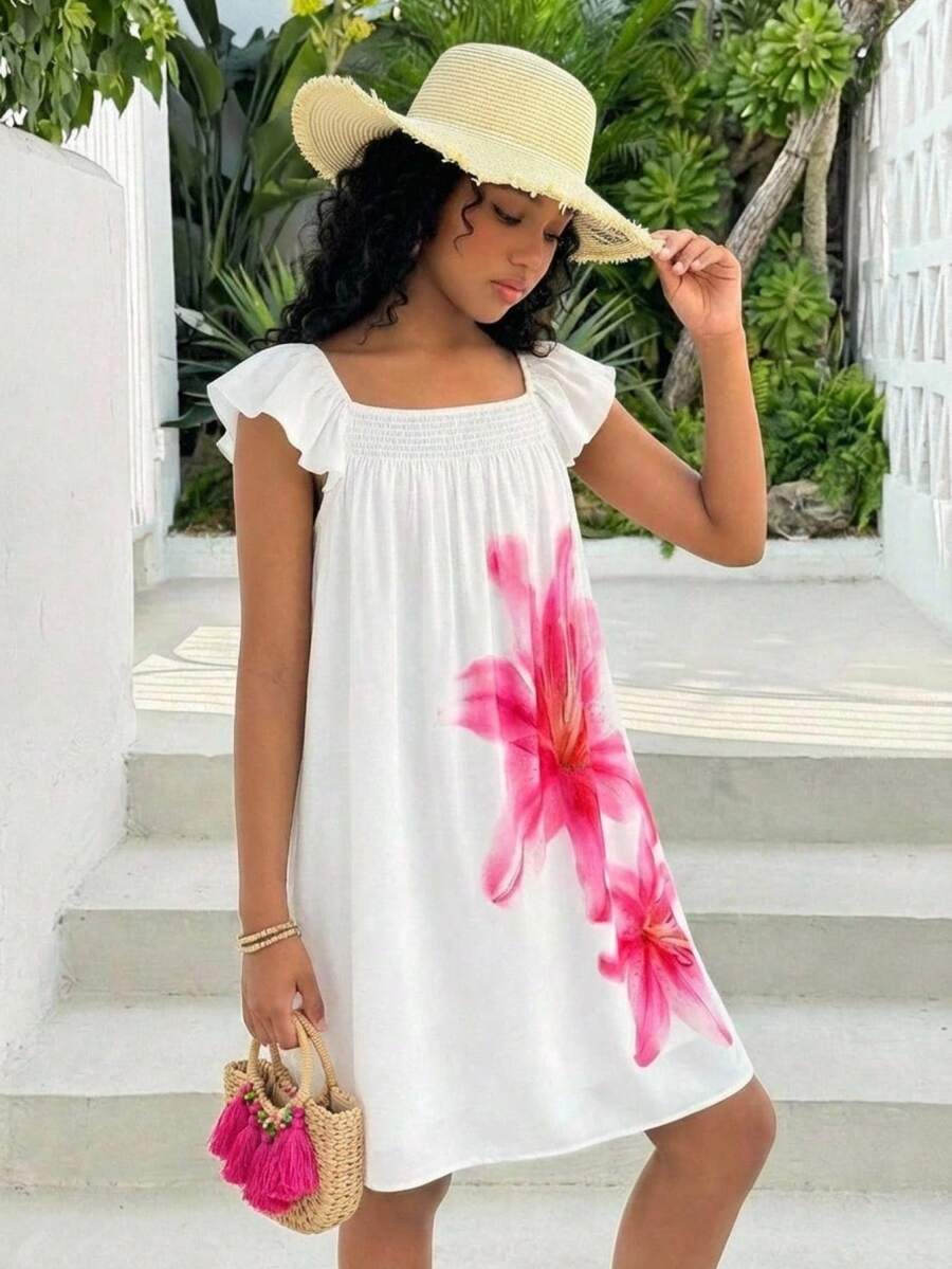 SHEIN 少女连衣裙 可爱碎花荷叶边宽松A字休闲度假居家户外返校连衣裙，春夏款 - 白色 - 查看 1