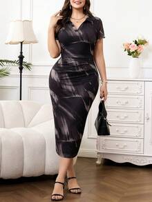 SHEIN Clasi 大码女式扎染短袖褶皱修身优雅连衣裙 - 棕色 - 查看 7