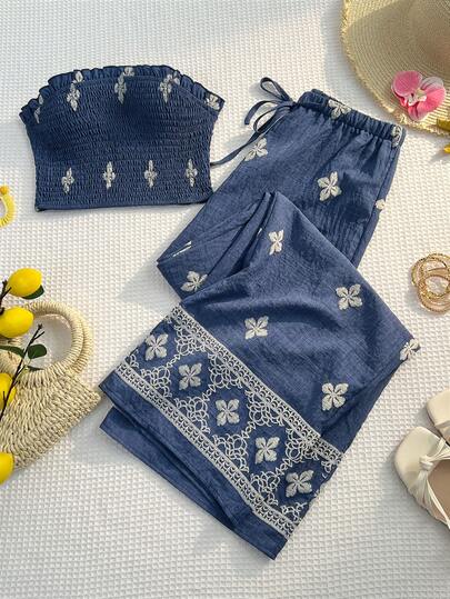 Elamini Women's Blue Printed Bandeau Crop Top With Frill Trim And Drawstring Waist Loose Pants, Summer European And American Elegant Sexy Romantic Beach Vacation 2-Piece Set