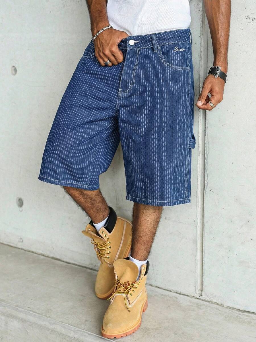 Manfinity Homme Men's Casual Striped Blue Denim Shorts - Dark Wash - View 1