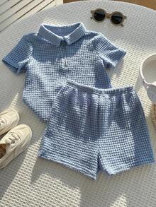 SHEIN 2pcs Baby Boy/Girl Soft Knit Polo Collar Short Sleeve Half-Zip Jacket And Casual Shorts Set,Blue,Summer,Casual,City Break,Korean Style Kids Outfits - Blue - View 5