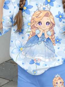 SHEIN Imprimé floral bleu mignon, imprimé de la princesse reine des neiges de dessin animé Frozen, ensemble assorti pour sœurs et meilleures amies, t-shirt à manches courtes et short 2 pièces style minimaliste décontracté pour jeune fille, adapté pour l'été - Multicolore - Voir 7
