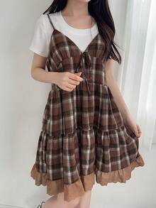 FRIFUL 女士格子吊带拼接刺绣棉布前蝴蝶结装饰休闲宽松百搭背心，秋冬夏季款 - 棕色 - 查看 4