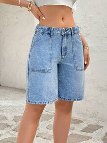 Rivivi Shorts Denim Casual de Cintura Baixa com Botões, Lavagem Azul Claro - Lavagem clara - Visão 3