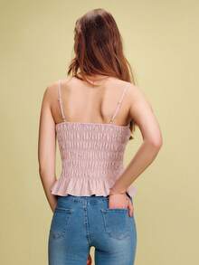 lacRébo Pink Striped Smocked Cami With Peplum Hem Spring Summer French Style Parisian Style Vacation Top Going Out Top - Pink - View 2