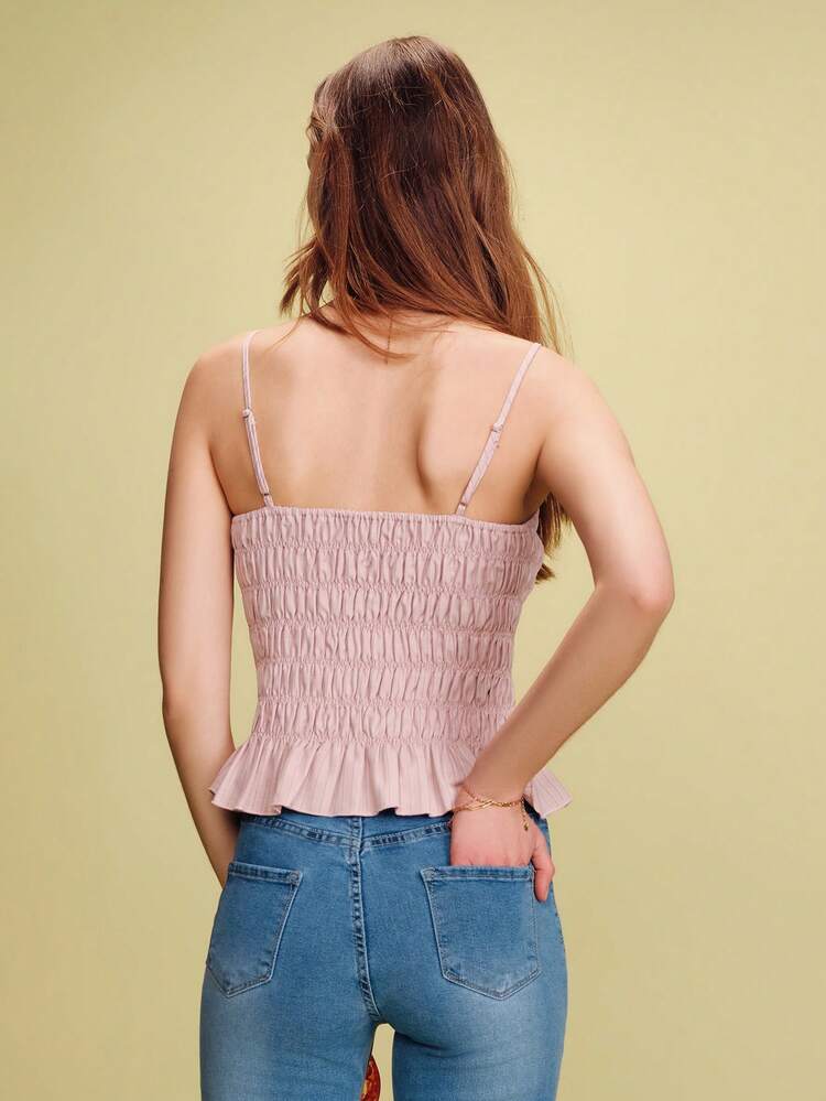 Débardeur smocké à rayures roses avec ourlet à volants, style printemps-été, style français parisien, Top de vacances, Top de sortie