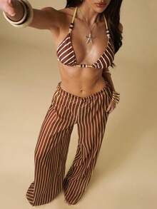 SHEIN BAE Women's Striped Drawstring Waist Casual Versatile Daily Wear Cover Up & Wide Leg Pants Set - Chocolate Brown - View 7