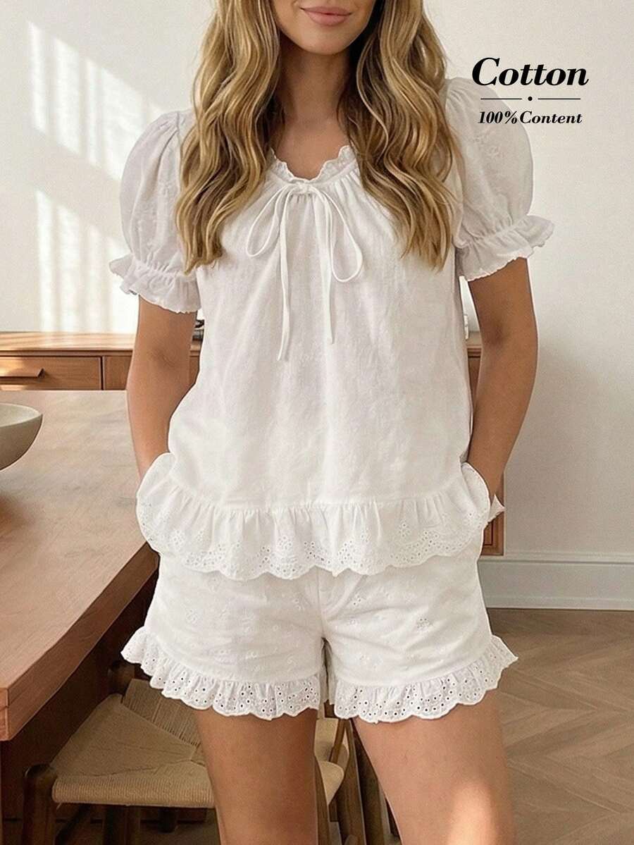 Easowa 夏季休闲纯色花瓣袖衬衫 - 白色 - 查看 1