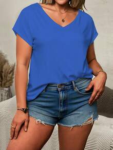 EMERY ROSE Plus Size Women's Summer Solid V-Neck Short Sleeve Casual T-Shirt Blue Tops Plus Size V Neck Tops Bright Blue Top Blue Tops For Summer - Multicolor - View 5
