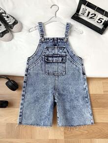 Quần yếm denim màu xanh dương dáng rộng cho bé trai, có túi. - Rửa trung bình - Xem 6