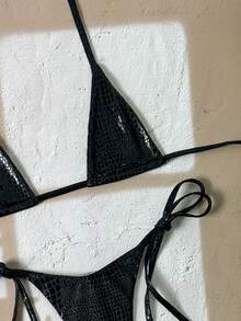 Swim SXY Bộ bikini hai mảnh họa tiết da rắn, kiểu buộc dây cổ, đồ bơi gợi cảm cho kỳ nghỉ hè/xuân trên bãi biển. Bộ bikini màu đen dành cho nữ, bộ bikini gợi cảm, bộ bikini cạp cao, bộ bikini đi nghỉ mát cho nữ, bộ bikini nữ, bộ đồ bơi nữ, đồ bơi nữ, đồ tắm nữ. - màu đen - Xem 5