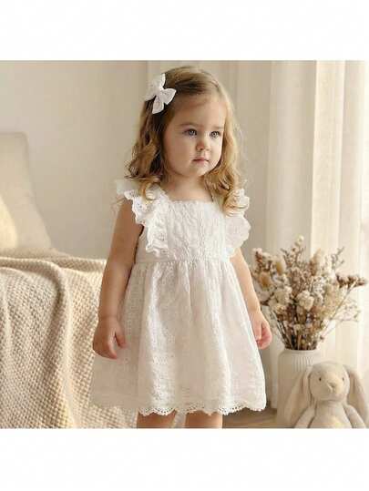 Loomiva Baby Girl Vacation, Wedding Casual Cute Floral Embroidery Ruffle Collar Dress, Versatile And Comfortable