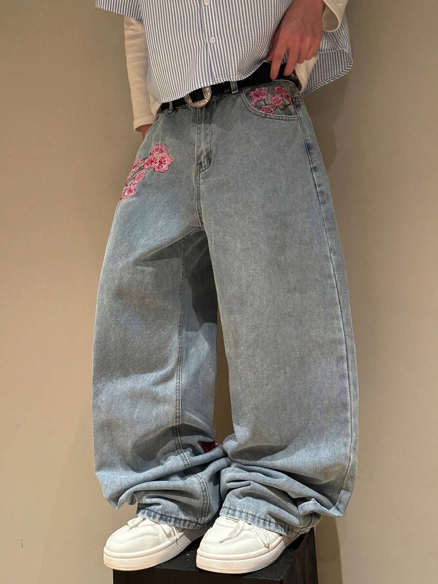 Manfinity Roghcode Casual Chic Peach Blossom Embroidery Design Loose Wide-Leg Jeans - Blue - View 1