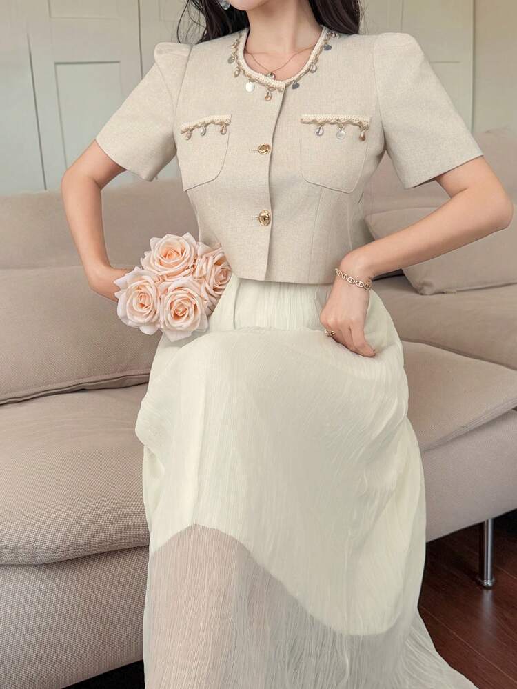 Women's Elegant Sequin Pocket Petal Sleeve Jacket Dress Two Pieces Set, Summer
