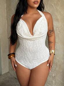 Rustia Plus Size Halter Tie Bow Neck Flowy Bodysuit, Elegant Sexy Vacation/Party Wear For Women, Spring/Summer - Apricot - View 4