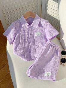 SHEIN 2 st babypojke sommar casual semester lila skjorta och shorts set - Multifärgad - Visa 4