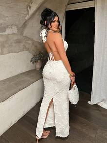 SHEIN SXY 女士性感3D立体花卉露背吊带连衣裙，夏季 - 白色 - 查看 2