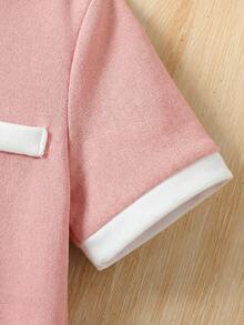 LMoss Kids Baby Girl Contrast Trim Round Neck Short Sleeve T-Shirt And Pants Set, Fashionable Casual - Pink - View 4