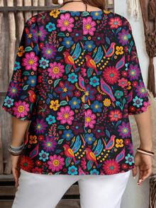 EMERY ROSE Camisa holgada de estampado floral, adecuada para vacaciones de verano, talla grande - Multicolor - Ver 2