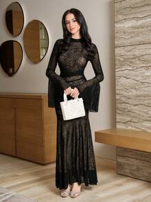 Modelyn Women's Floral Mesh Flare Sleeve Fishtail Hem Elegant Dress - Black - View 1