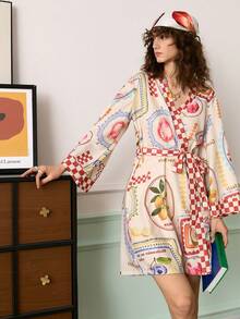 休闲度假风水果印花，撞色柠檬印花，女士家居服睡袍 - 彩色 - 查看 5