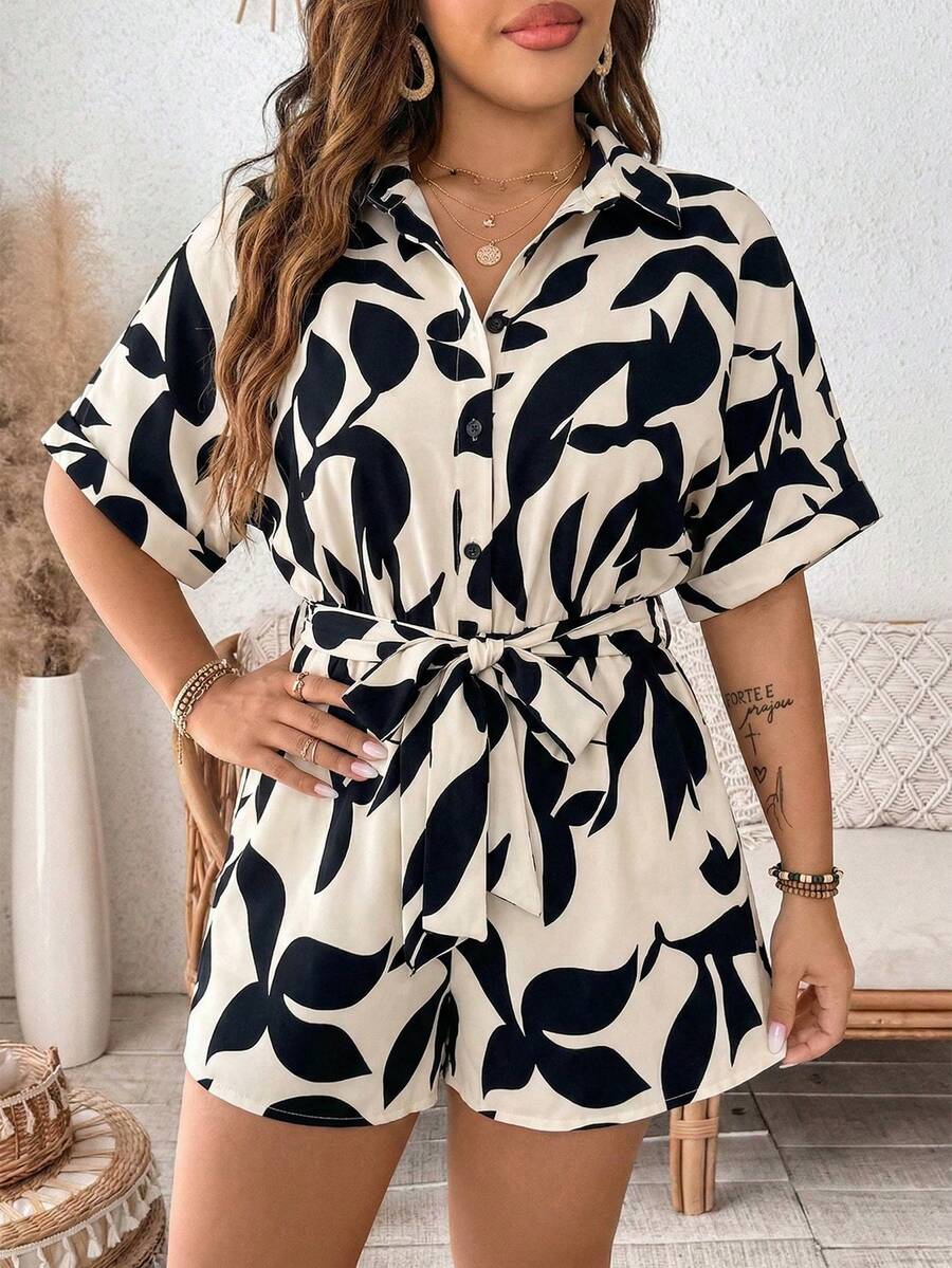 SHEIN CURVE+ 女士夏季翻领收腰休闲宽松连体裤，适合城市轻度徒步、夏季度假、日常通勤。 - 彩色 - 查看 1